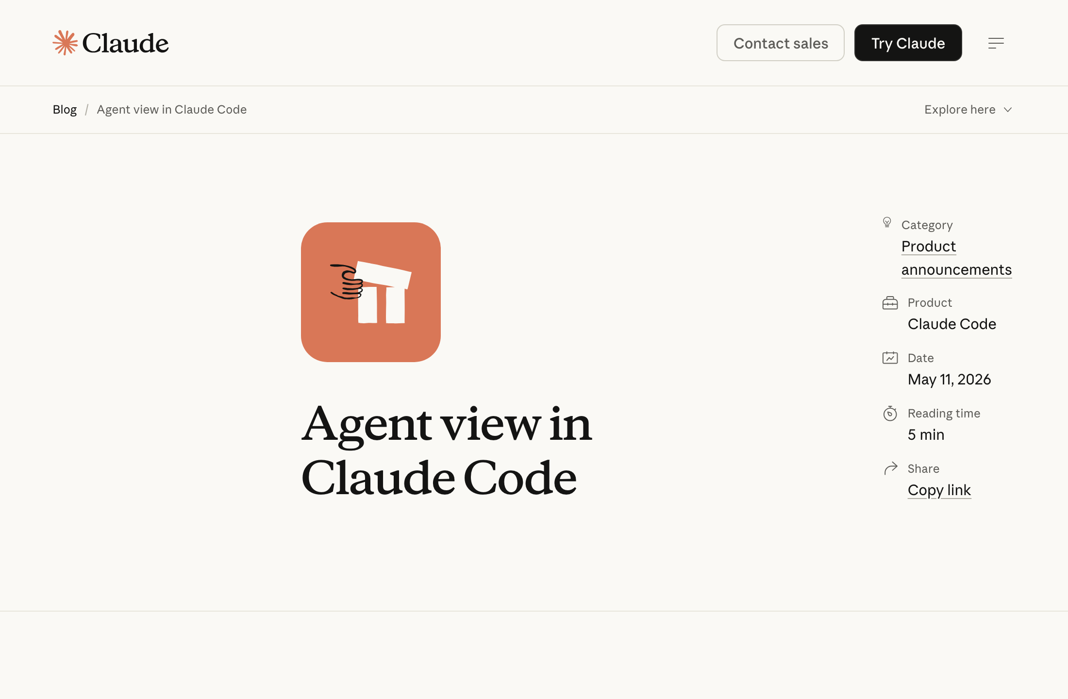 Anthropic blog announcement of Agent View in Claude Code — research preview for managing multiple agent sessions from one screen, May 2026