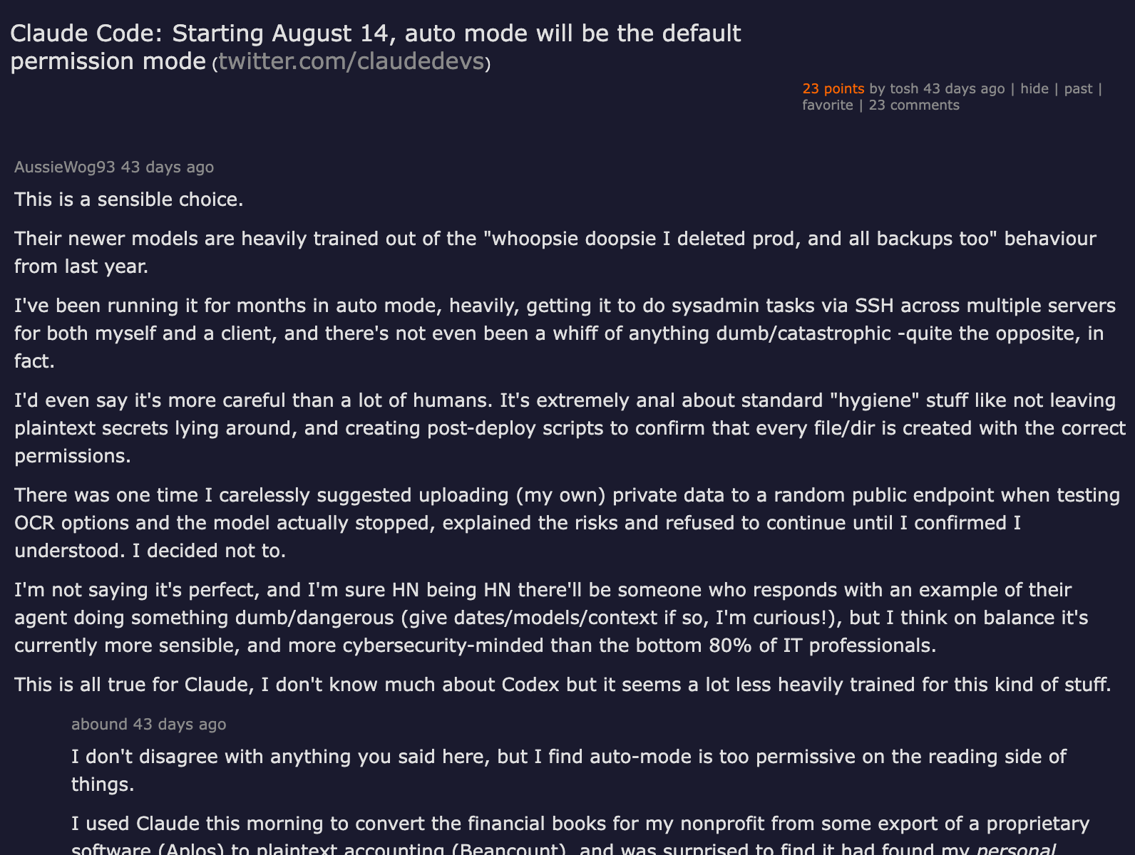 Hacker News thread — Claude Code auto mode will be the default permission mode starting August 14