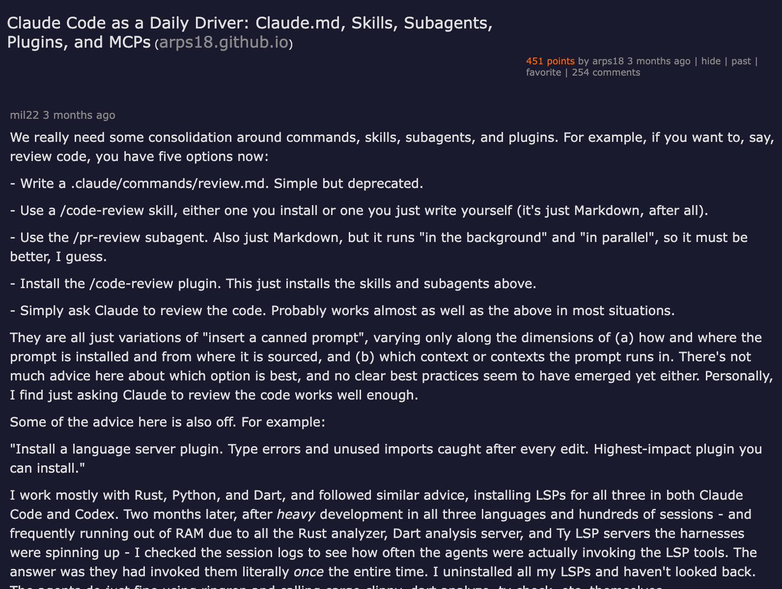 Hacker News thread — Claude Code as a Daily Driver: Claude.md, Skills, Subagents, Plugins, and MCPs — 451 points, 254 comments.