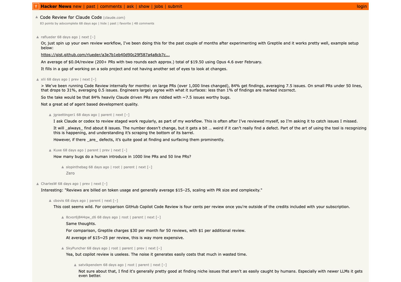 Hacker News thread on Code Review for Claude Code — multi-agent PR review launch discussion, March 2026
