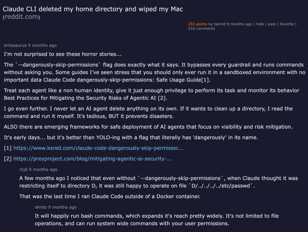 Hacker News thread — Claude CLI deleted my home directory and wiped my Mac
