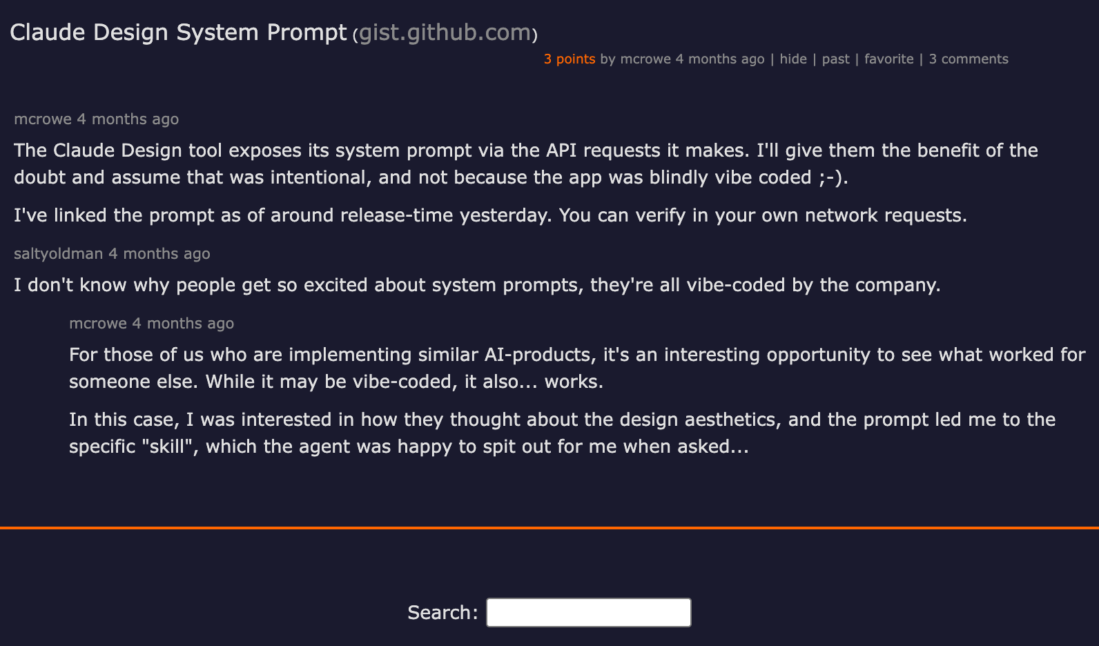 Hacker News thread discussing Claude Design system prompt and agent skills architecture