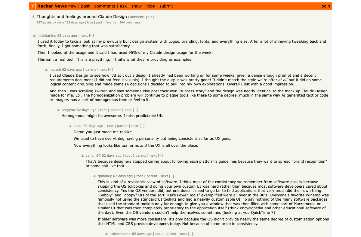 Hacker News discussion: Thoughts and feelings around Claude Design