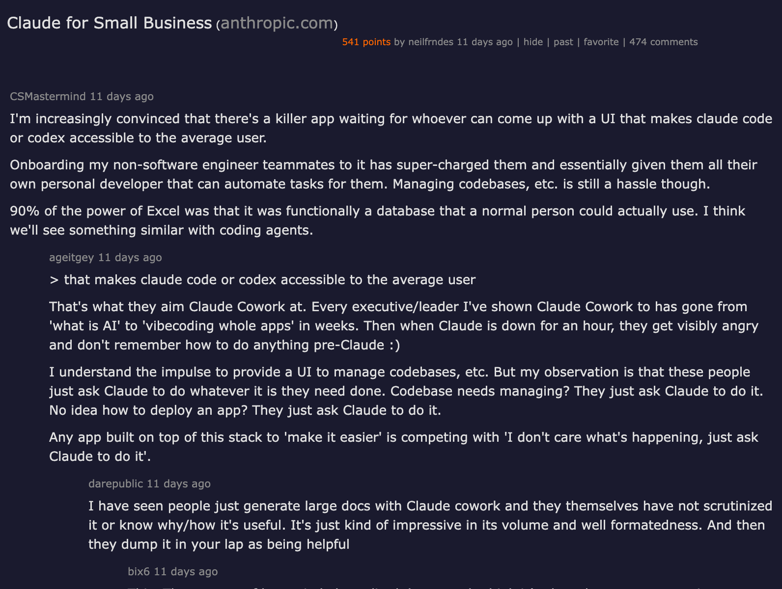 Hacker News thread on Claude for Small Business launch, showing community discussion of the bundle's positioning, the workflow safety gates, and developer reactions to Anthropic moving down-market to the SMB owner-operator