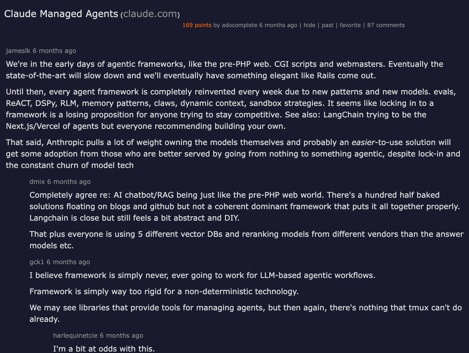 Hacker News thread on Claude Managed Agents with 169 points — practitioner discussion of multi-agent orchestration, API design, and cost concerns