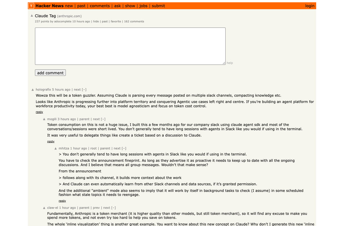 Hacker News thread — Claude Tag, 237 points, 162 comments