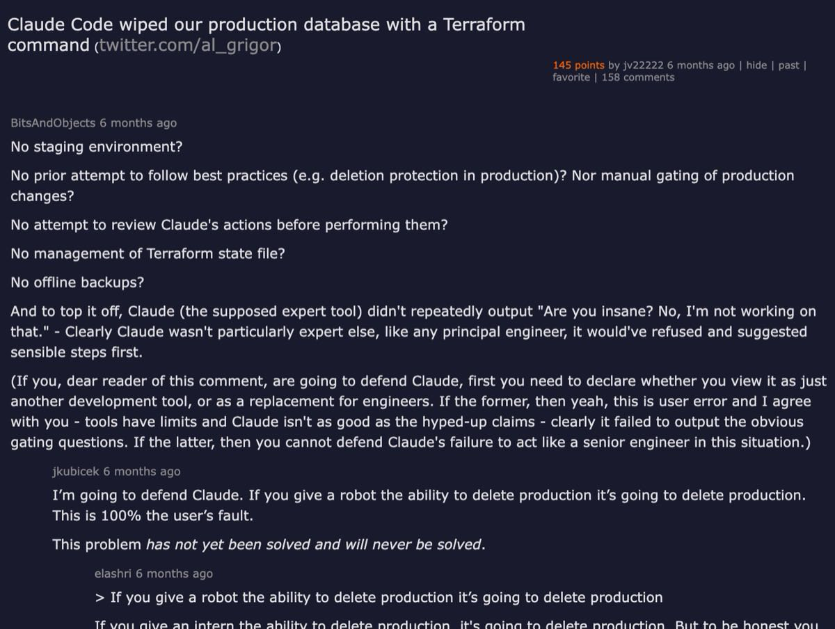 Hacker News thread — Claude Code wiped our production database with a Terraform command