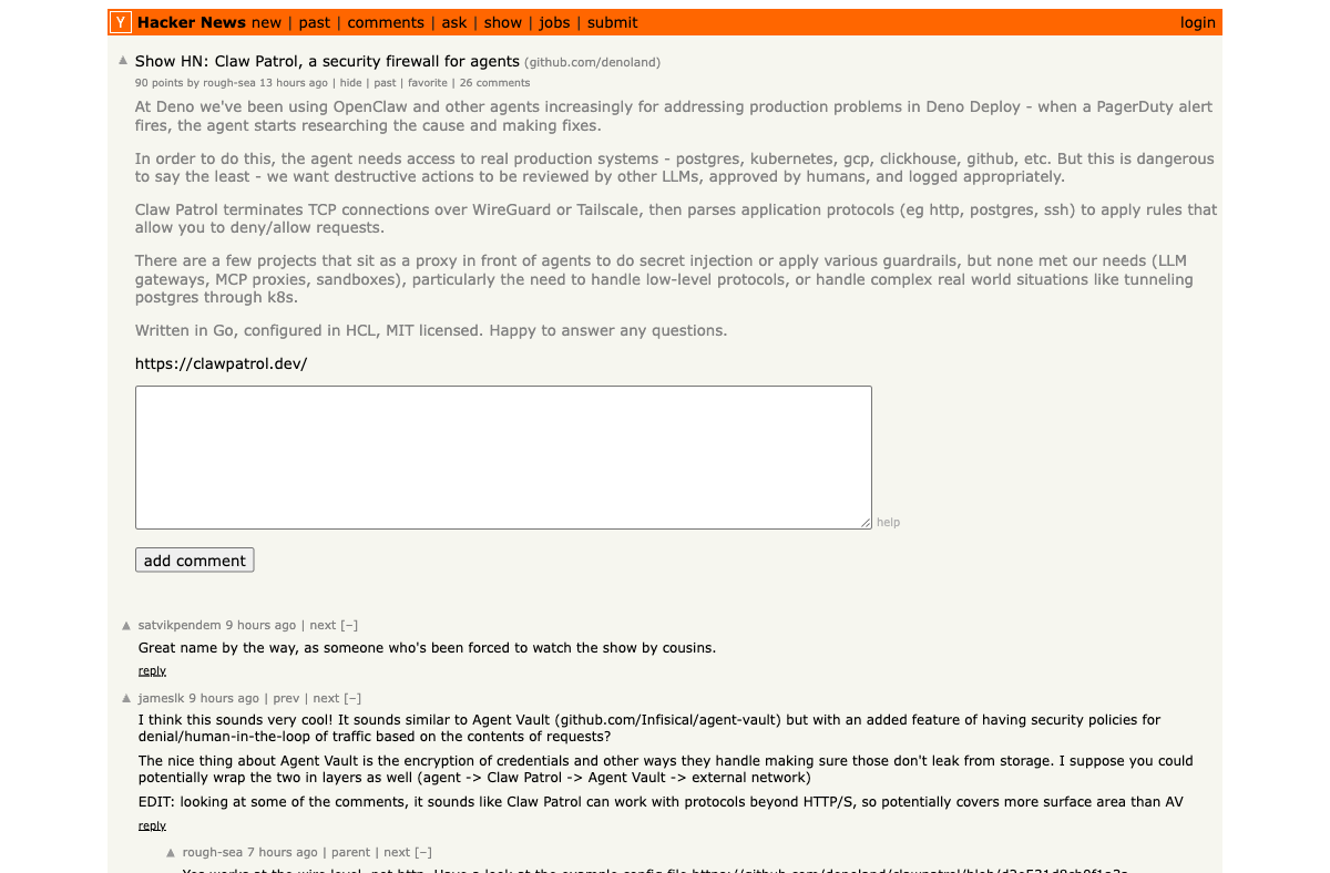 Show HN: Claw Patrol — open-source firewall for AI agents, Deno team