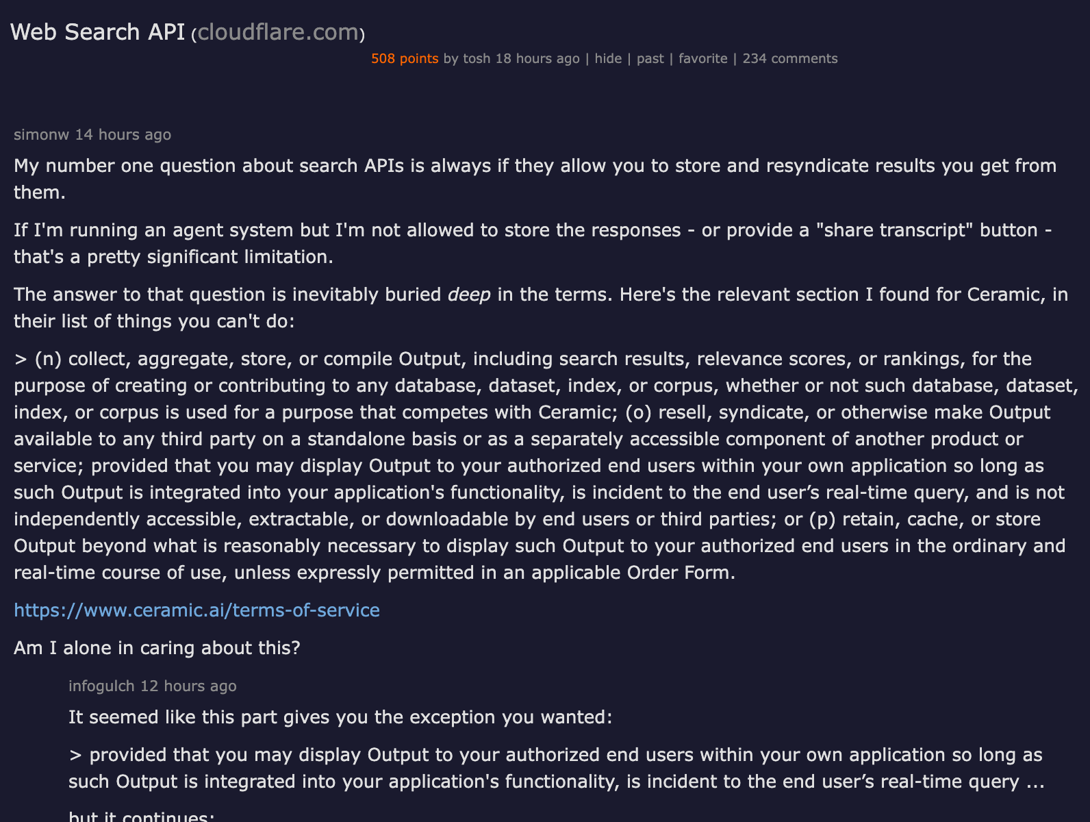 Hacker News discussion of Cloudflare Web Search API with 306 points and 154 comments — top comment asks about result storage and resyndication