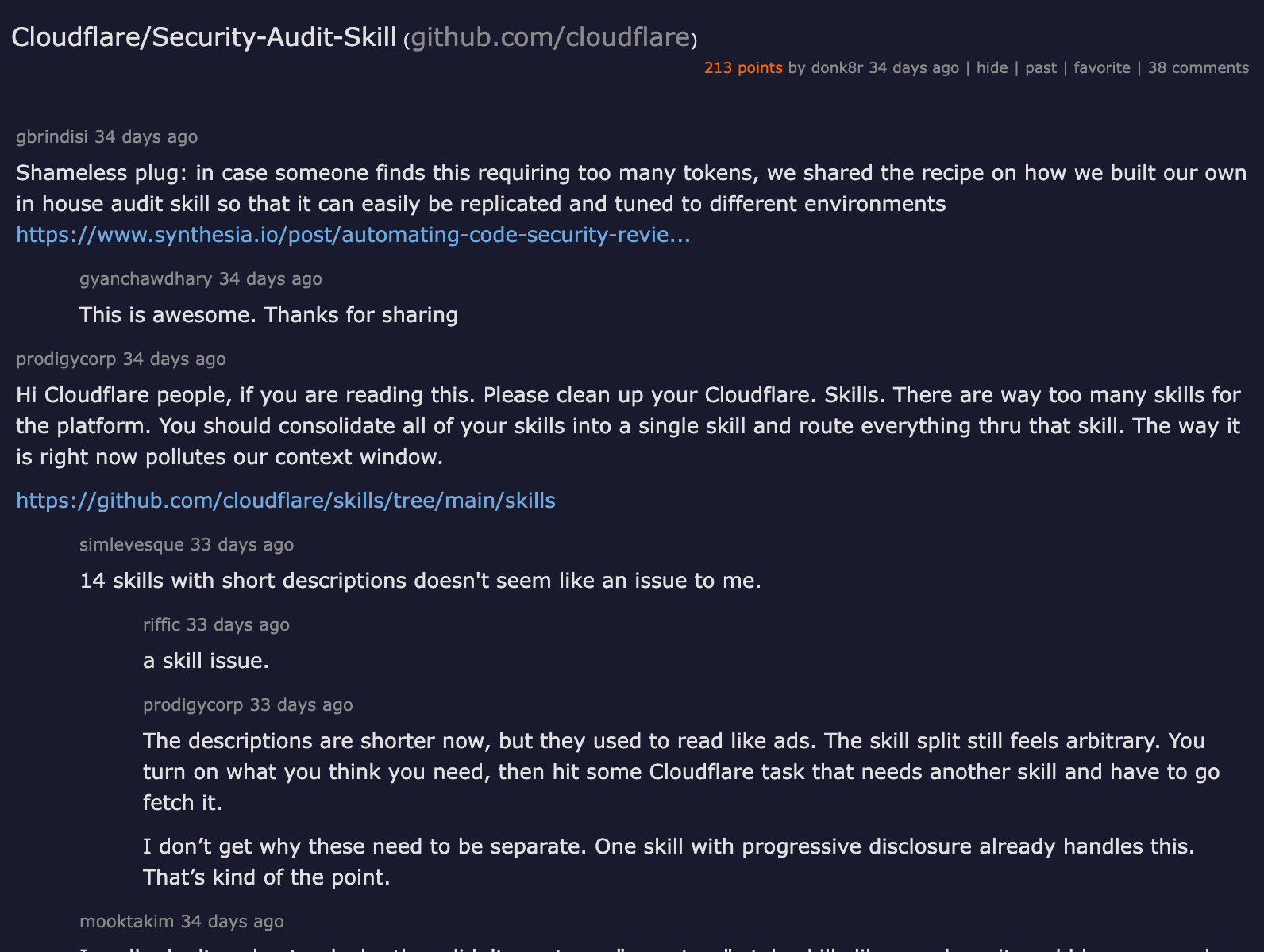 Hacker News thread — Cloudflare/Security-Audit-Skill, 213 points, 38 comments discussing the adversarial verification pattern