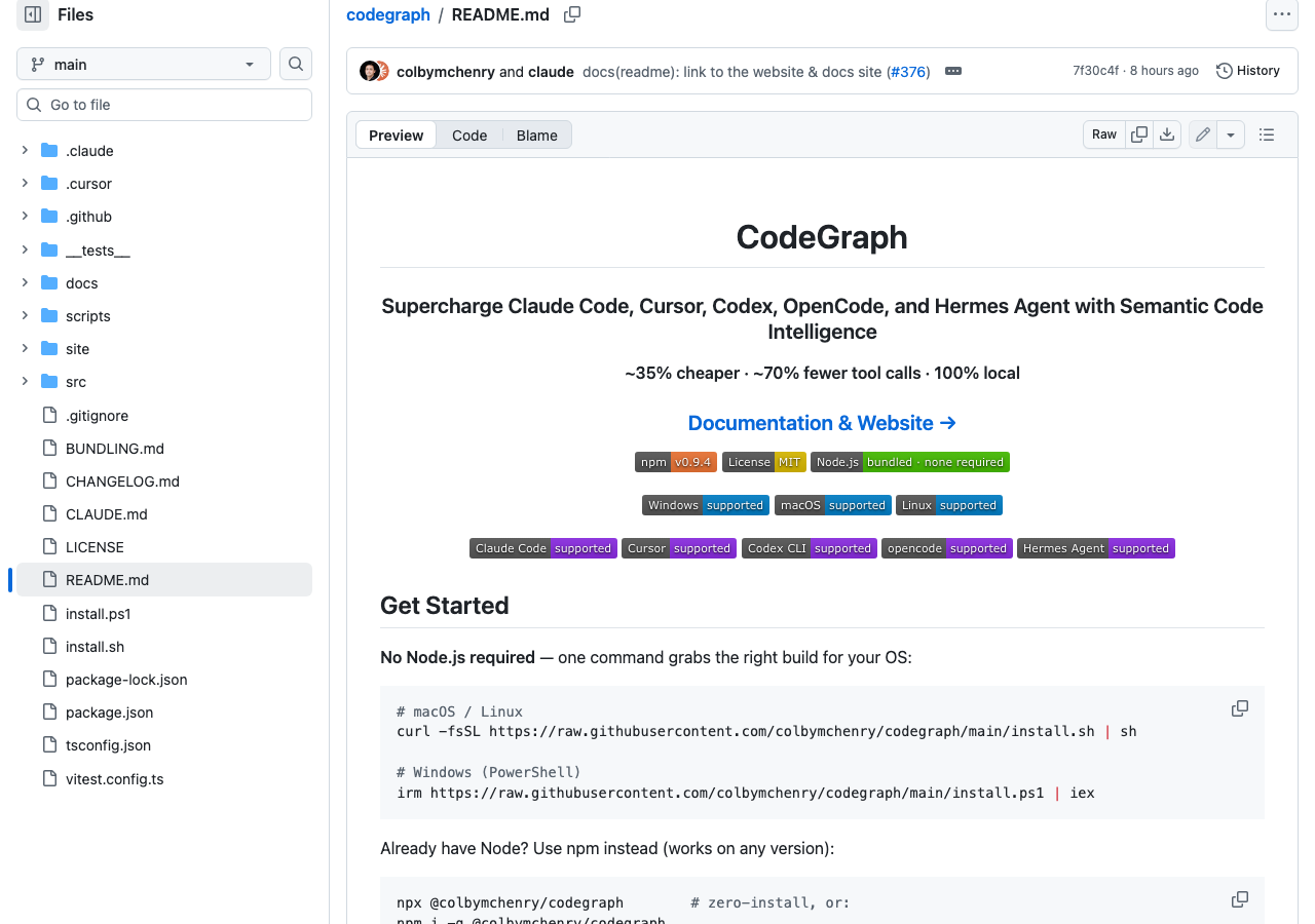 codegraph benchmark table from README — 35% cost reduction, 59% fewer tokens, 49% faster, 70% fewer tool calls across 7 codebases