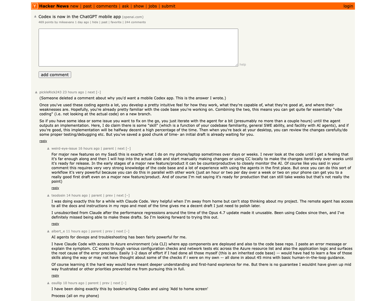 Hacker News front page — 'Codex is now in the ChatGPT mobile app' at 469 points, #1 mover, 244 comments
