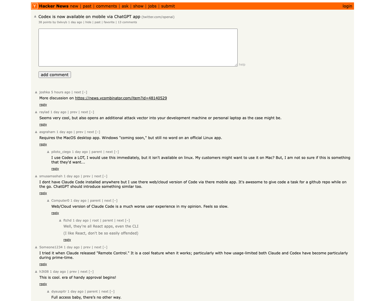 Second Hacker News thread — Codex available on mobile via ChatGPT app, developer discussion