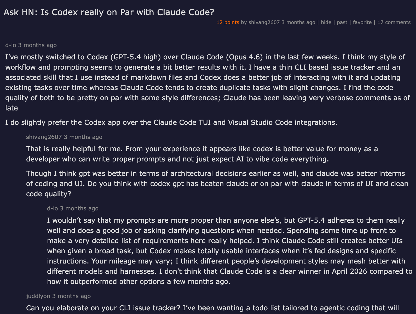 Hacker News thread — Ask HN: Is Codex really on Par with Claude Code? Developers sharing experiences switching between coding agents