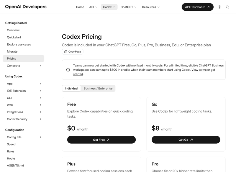 OpenAI Codex pricing page — Pro plan and token rate card