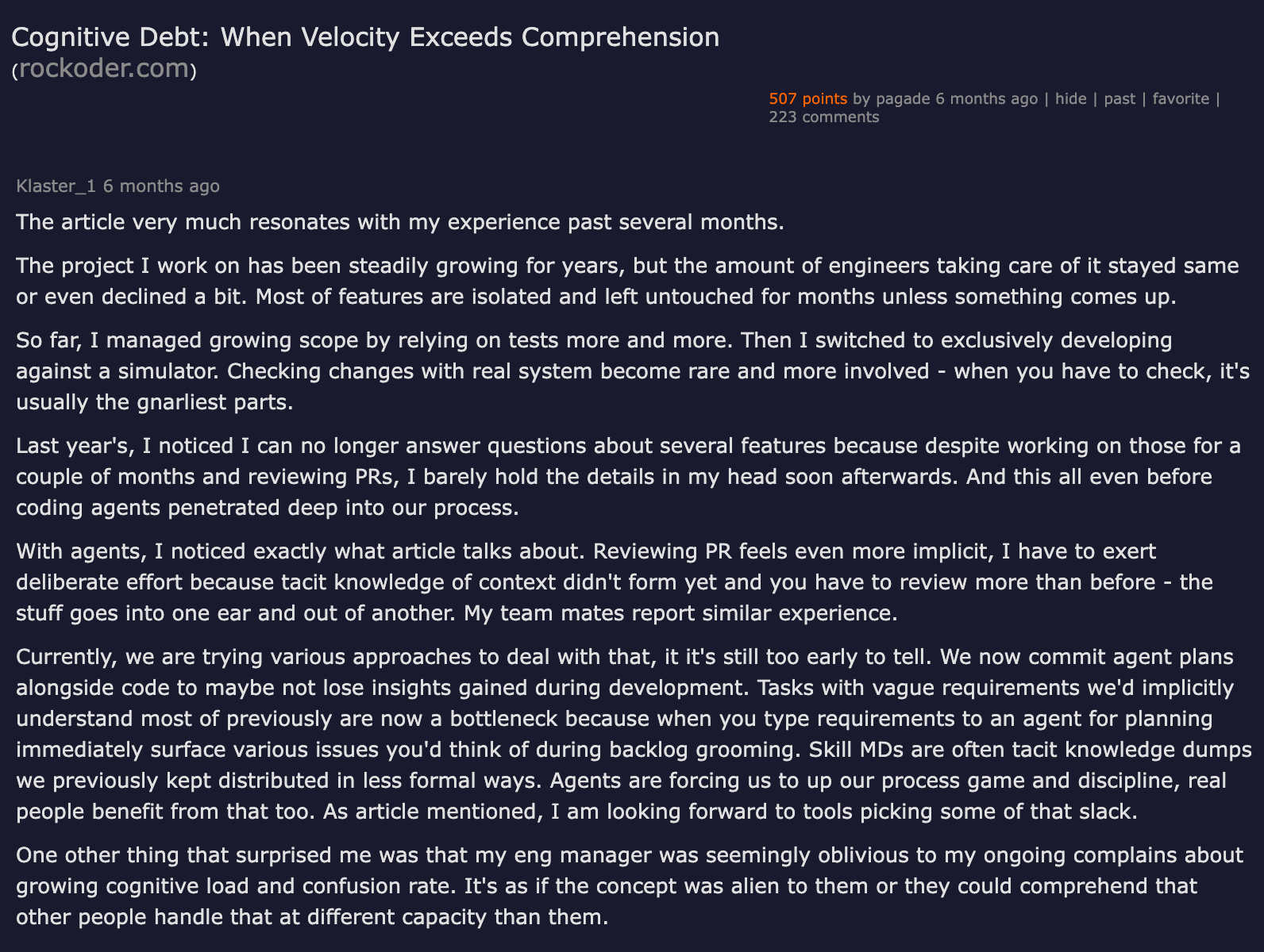 Hacker News — Cognitive Debt: When Velocity Exceeds Comprehension, 507 points, 223 comments