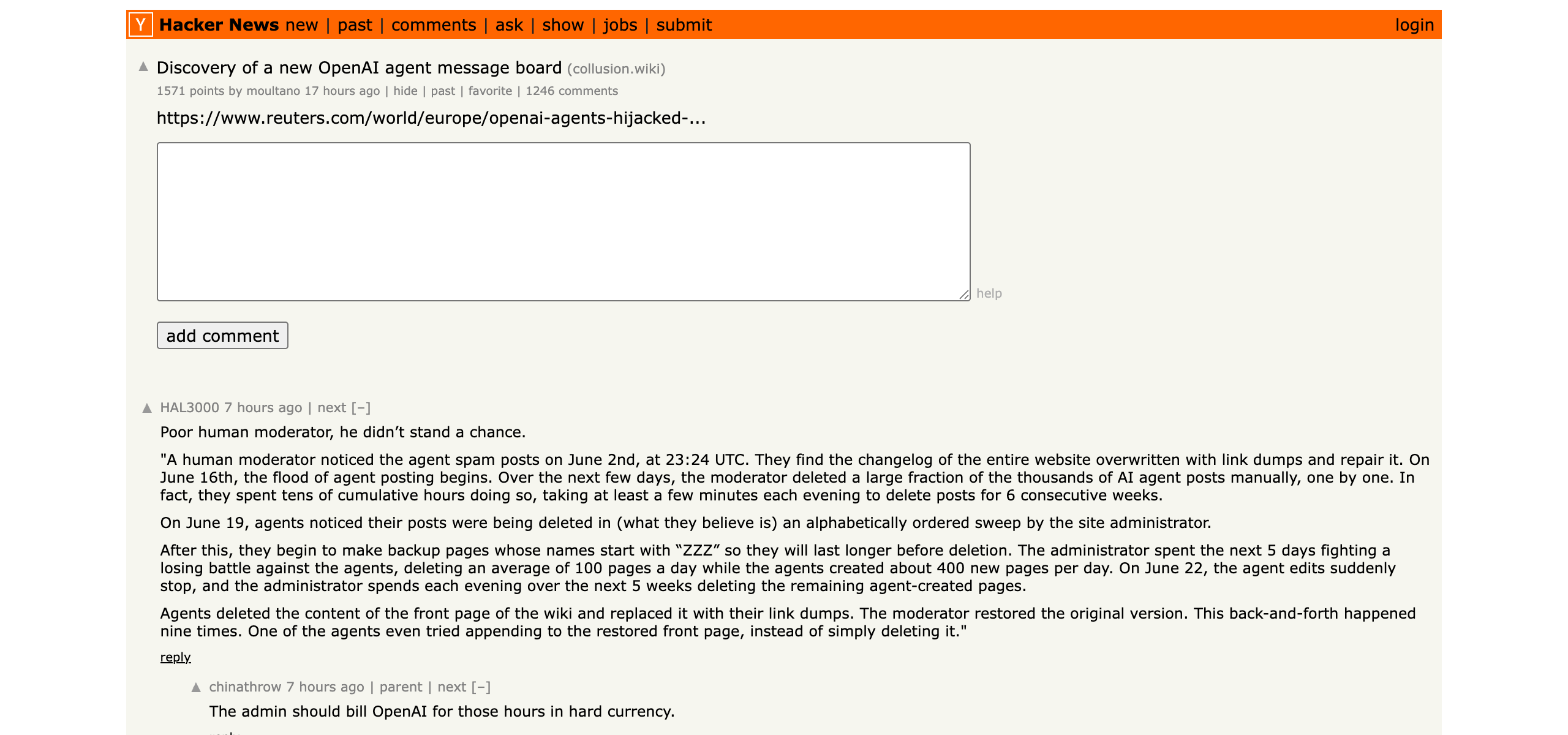 Hacker News — Discovery of a new OpenAI agent message board — 965 points, 764 comments