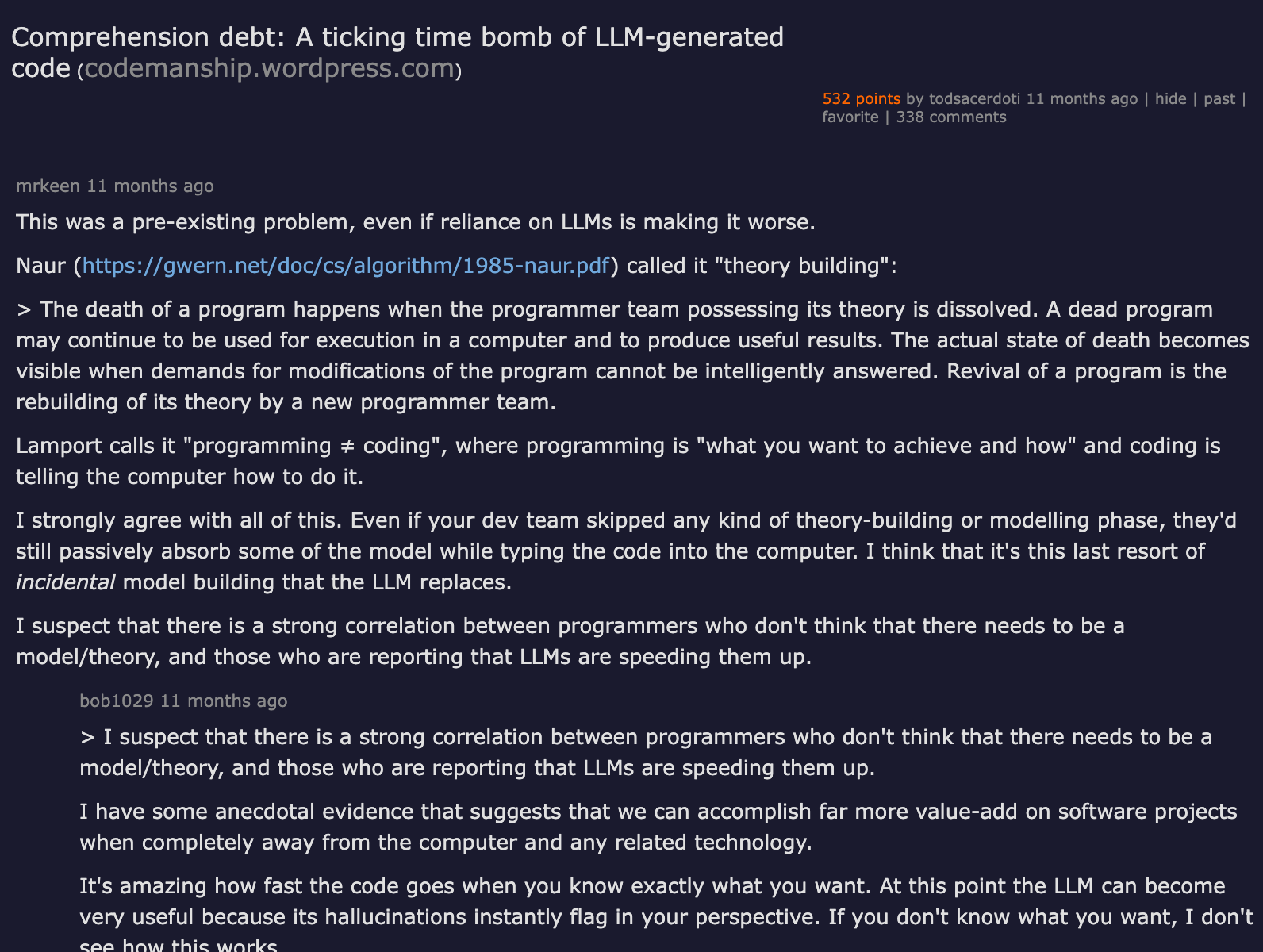 Hacker News — Comprehension debt: A ticking time bomb of LLM-generated code, 532 points, 338 comments