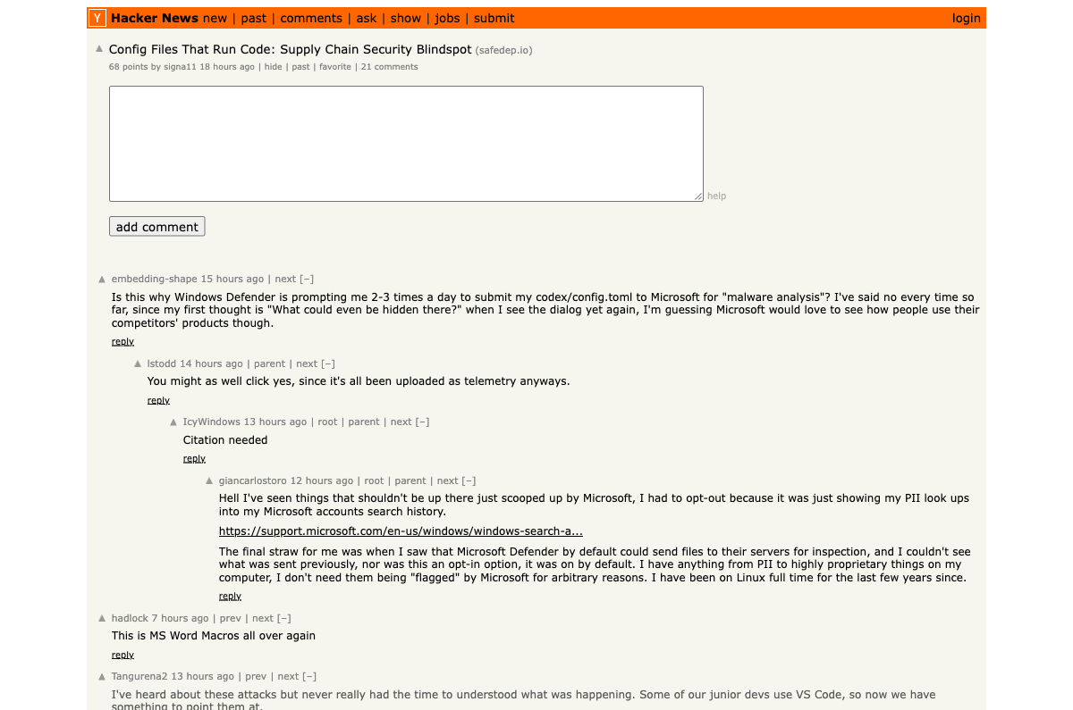 Hacker News thread: Config Files That Run Code — Supply Chain Security Blindspot