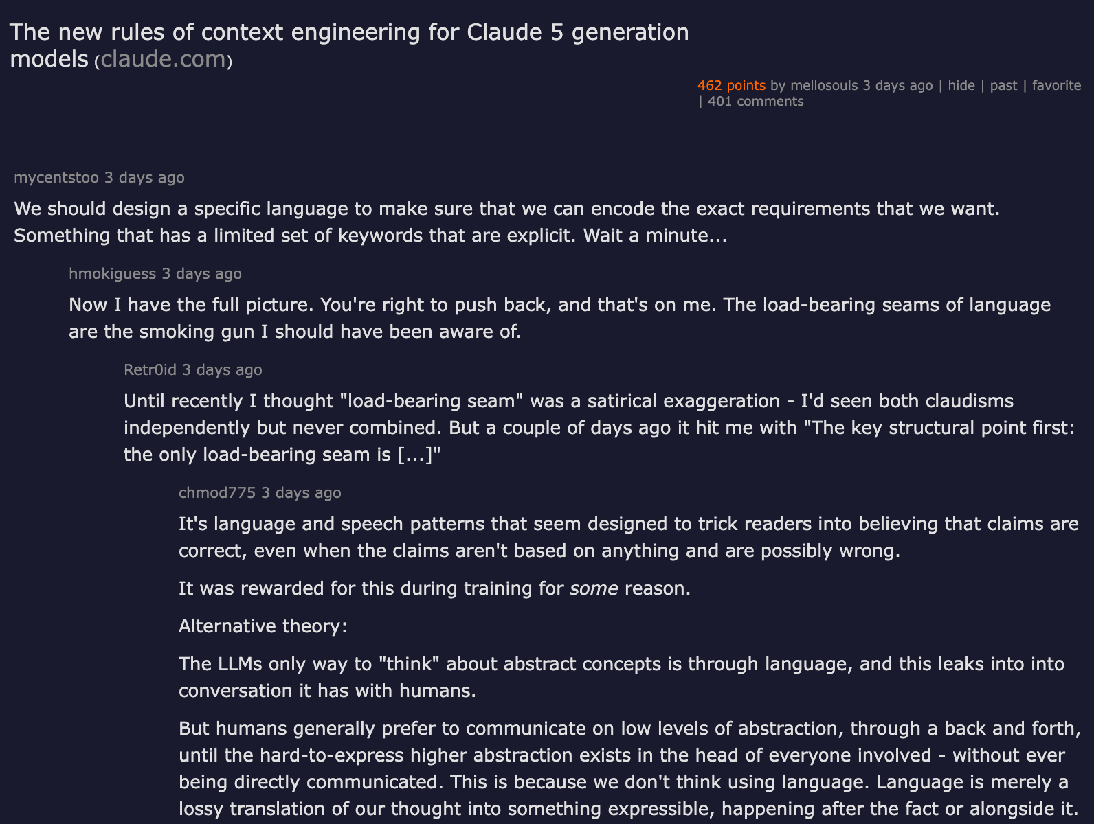 Hacker News thread — The new rules of context engineering for Claude 5 generation models — 462 points, 401 comments