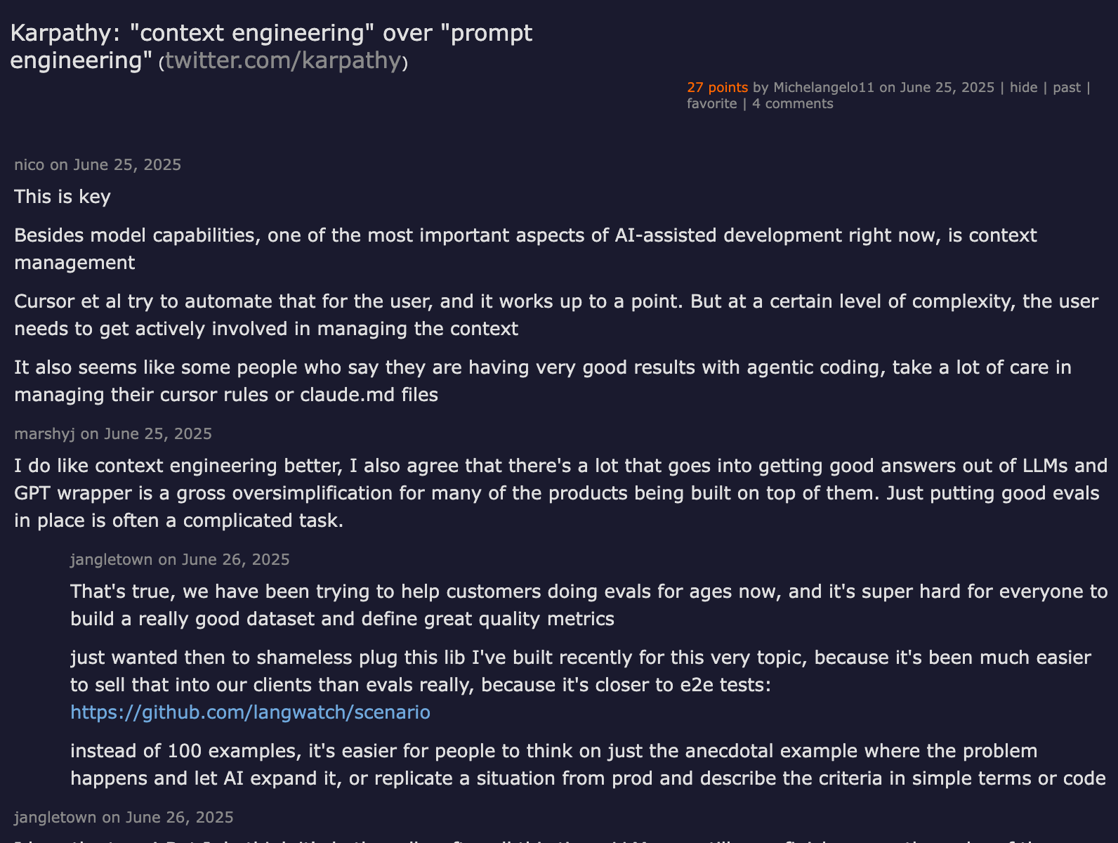 Hacker News thread — Karpathy: context engineering over prompt engineering
