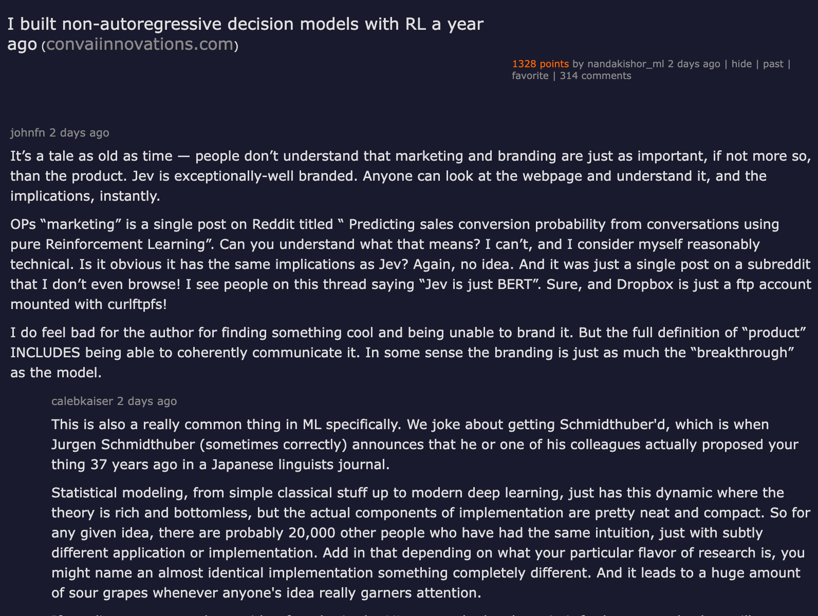 Hacker News thread I built non-autoregressive decision models with RL a year ago (1,328 points), with commenters debating prior art, branding and whether Jev is just BERT
