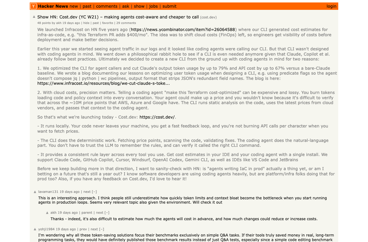 Hacker News — Show HN: Cost.dev making agents cost-aware and cheaper to call, 48 points