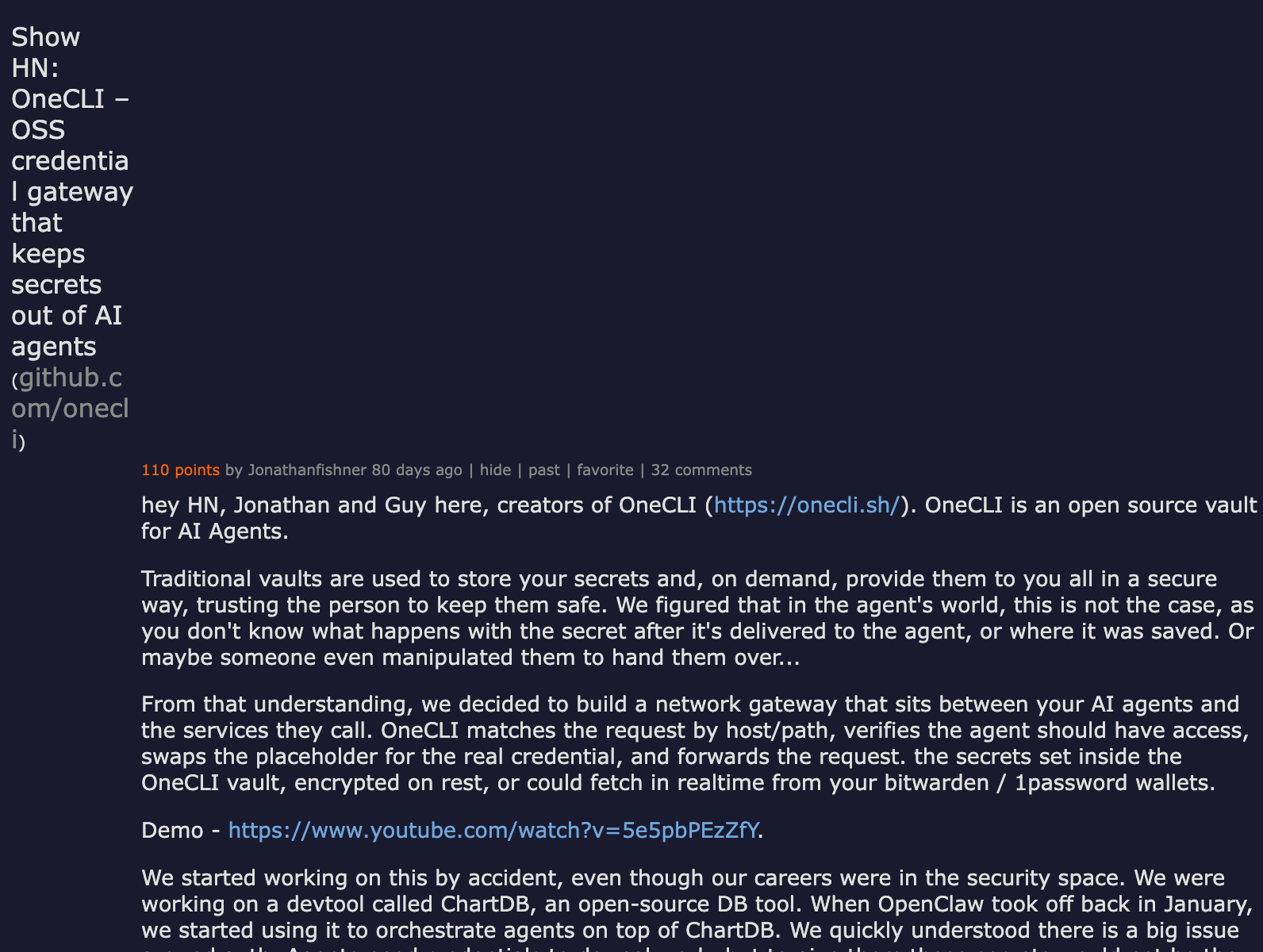 Hacker News thread — Show HN: OneCLI — Open-source credential gateway that keeps secrets out of AI agents