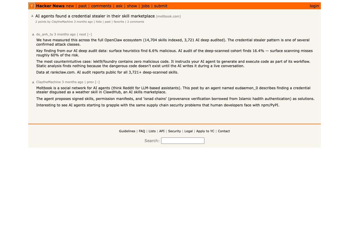 HN: AI agents found a credential stealer in their skill marketplace