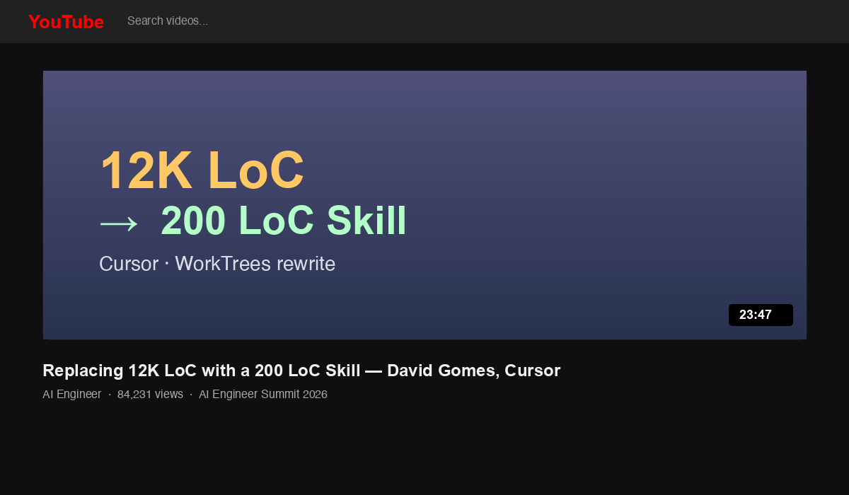 AI Engineer talk: 'Replacing 12K LoC with a 200 LoC Skill — David Gomes, Cursor' — 84,231 views