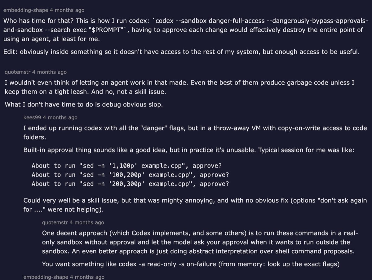 Hacker News comment thread — developer admitting they run Codex with danger-full-access because they don't have time for sandbox configuration