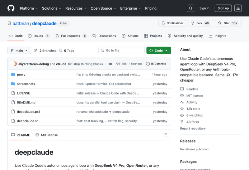 aattaran/deepclaude GitHub repo — Same UX, 17x cheaper