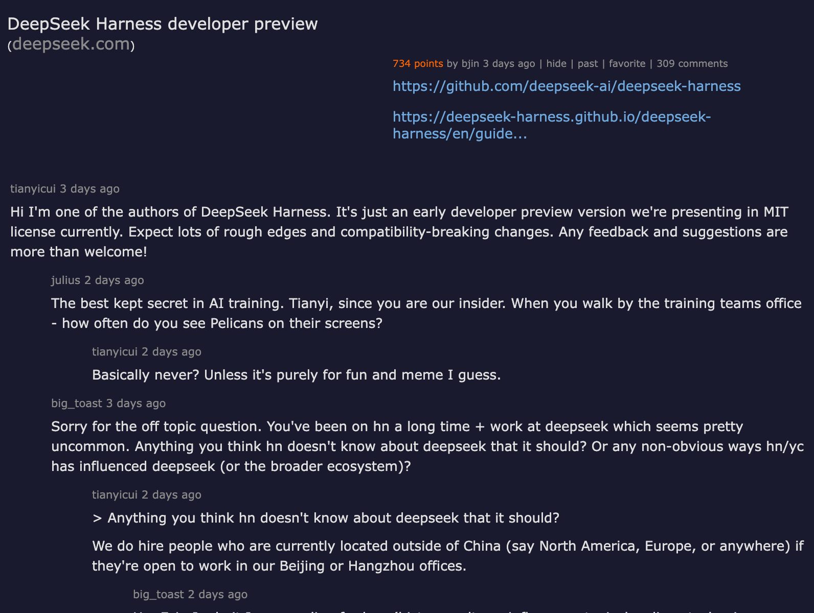 Hacker News thread — DeepSeek Harness developer preview, 734 points, 309 comments