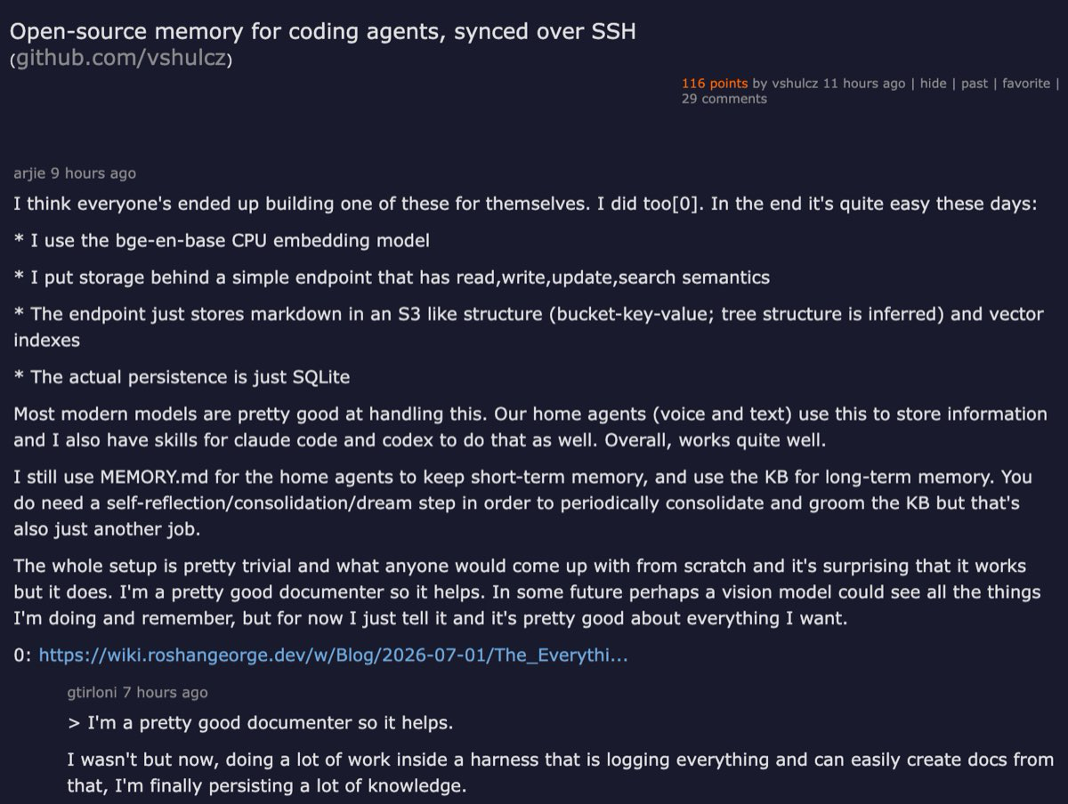 Hacker News thread — Open-source memory for coding agents synced over SSH, Deja-Vu, 114 points, 29 comments, with community debate on embeddings vs deterministic text search