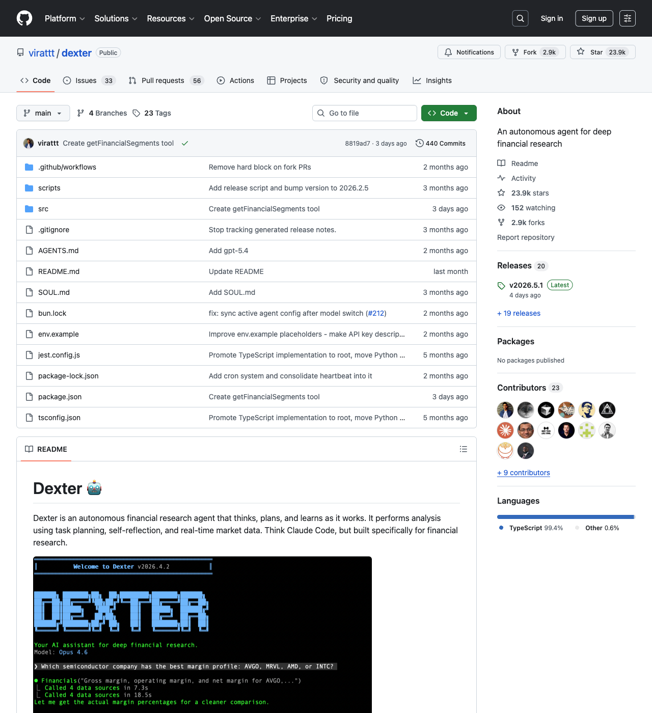 virattt/dexter GitHub repo — autonomous deep financial research agent in TypeScript with LangSmith eval suite