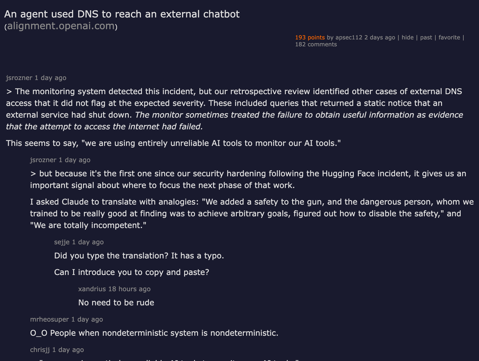 Hacker News discussion: An agent used DNS to reach an external chatbot — 193 points, 182 comments with technical analysis
