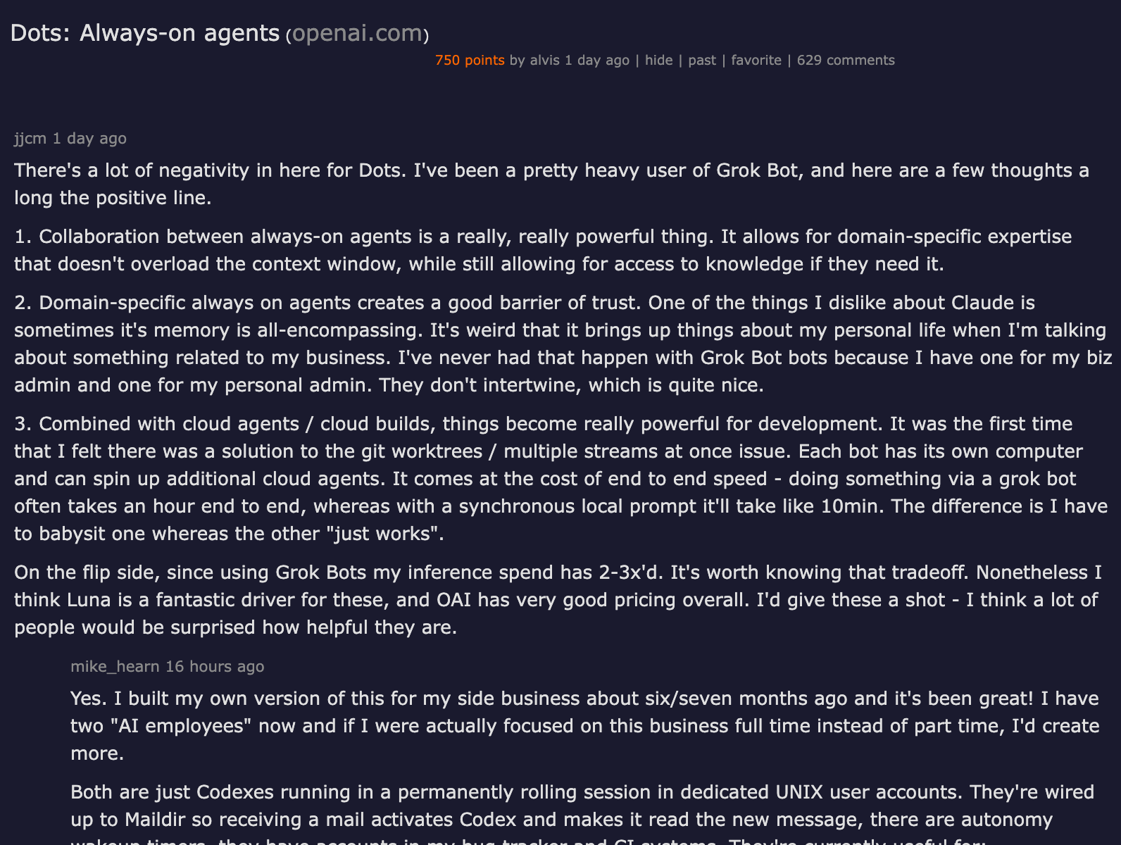 Hacker News thread on OpenAI Dots — 750 points, 629 comments, heavy skepticism from the developer community