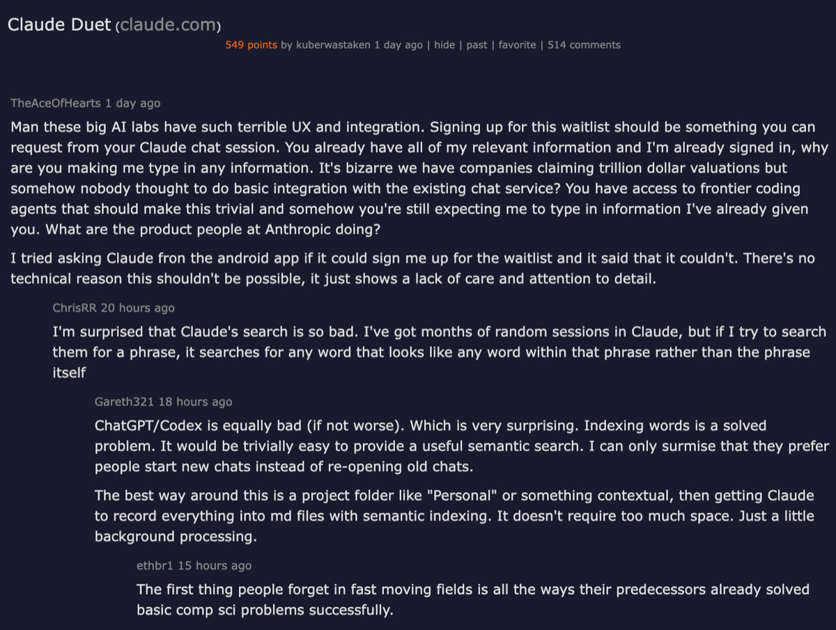 Hacker News thread on Claude Duet showing 549 points and 514 comments discussing the proactive agent launch