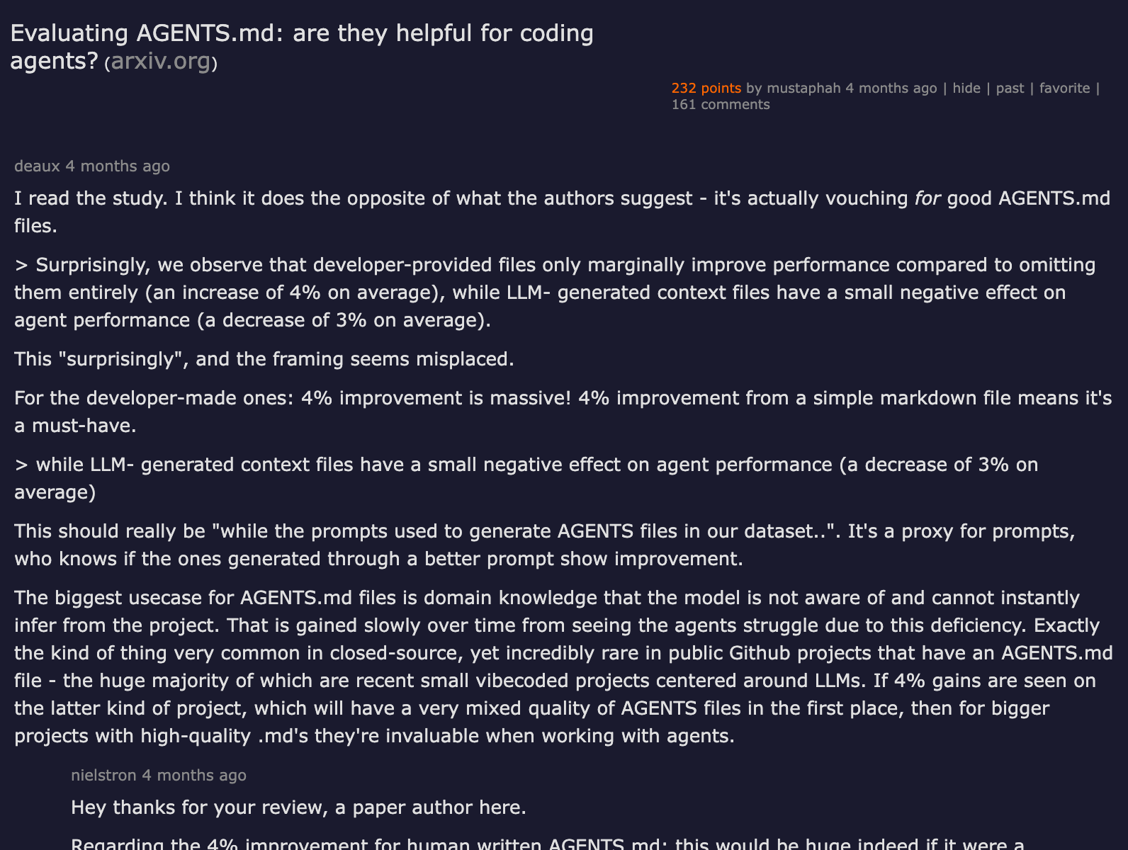 Hacker News discussion: Evaluating AGENTS.md — are they helpful for coding agents? 88 comments debating effectiveness