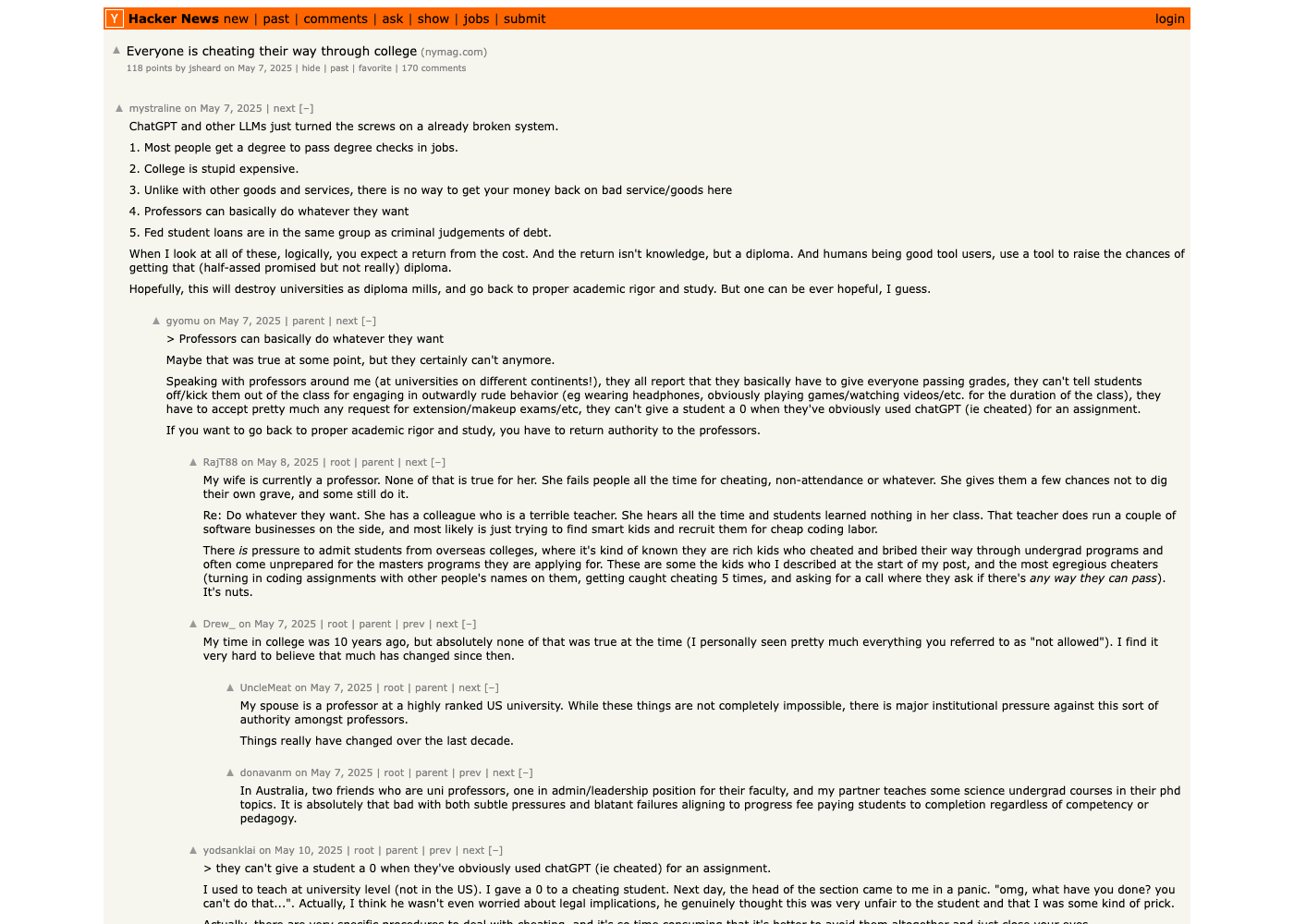 Hacker News thread Everyone is cheating their way through college — 118 points discussion on AI use in education, the unsolved tension between AI as tutor versus AI as homework-bypass machine