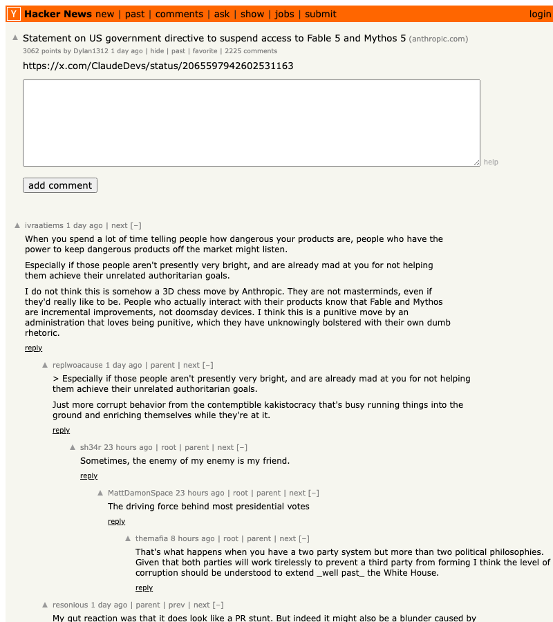 Hacker News thread on Anthropic Fable 5 suspension with 2944 points