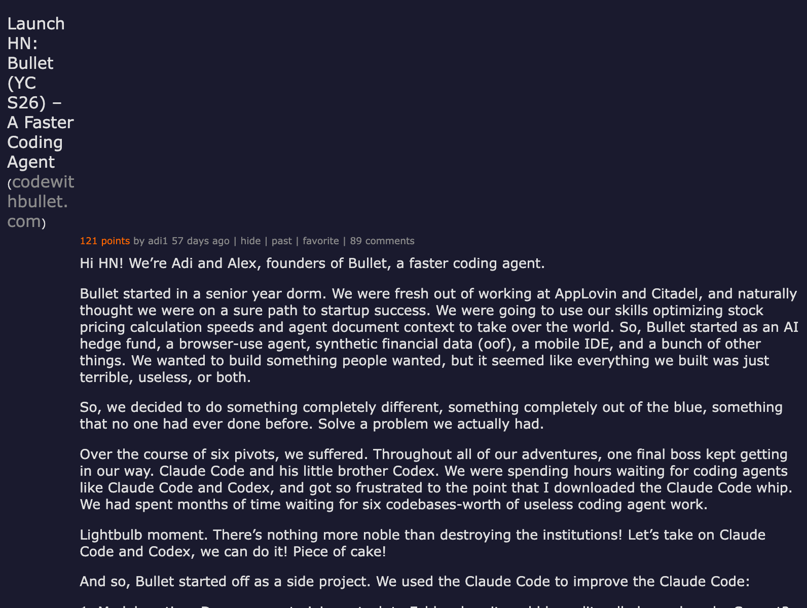 Hacker News — Launch HN: Bullet (YC S26) – A Faster Coding Agent (121 points)