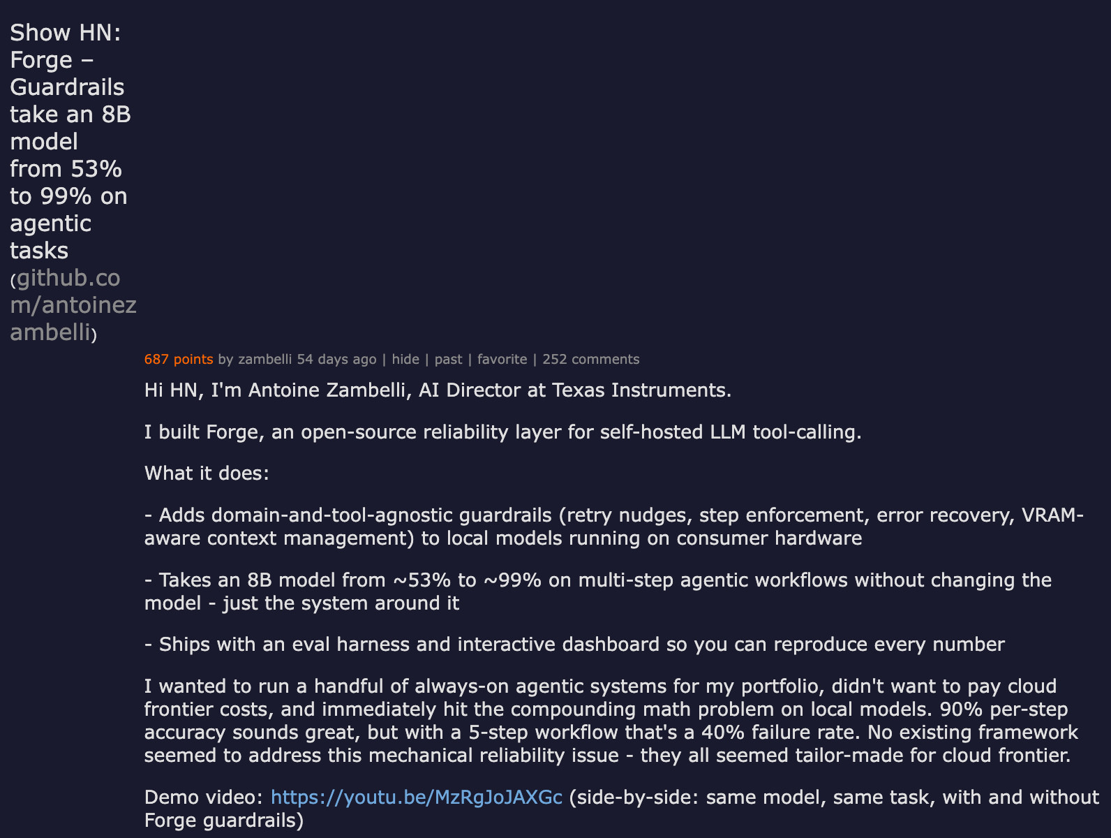 Hacker News thread — Show HN: Forge, Guardrails take an 8B model from 53 percent to 99 percent on agentic tasks