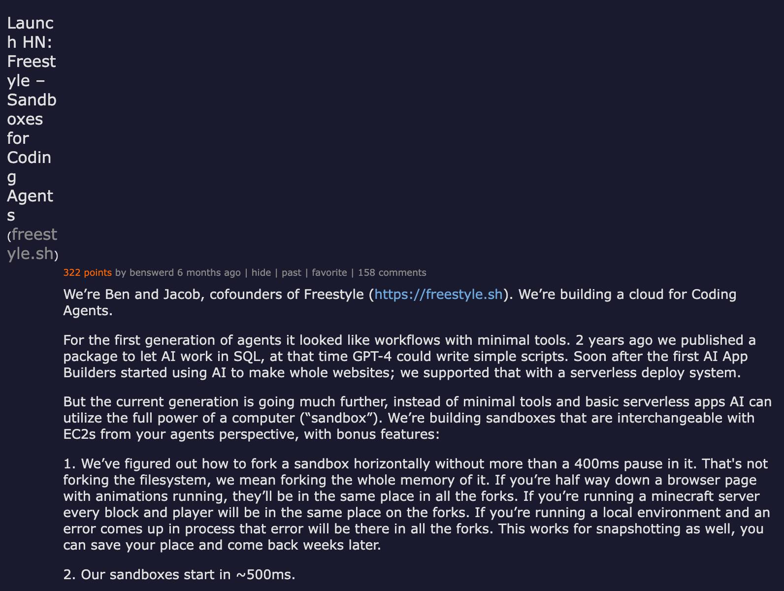 Hacker News Launch HN: Freestyle — Sandboxes for Coding Agents, 322 points