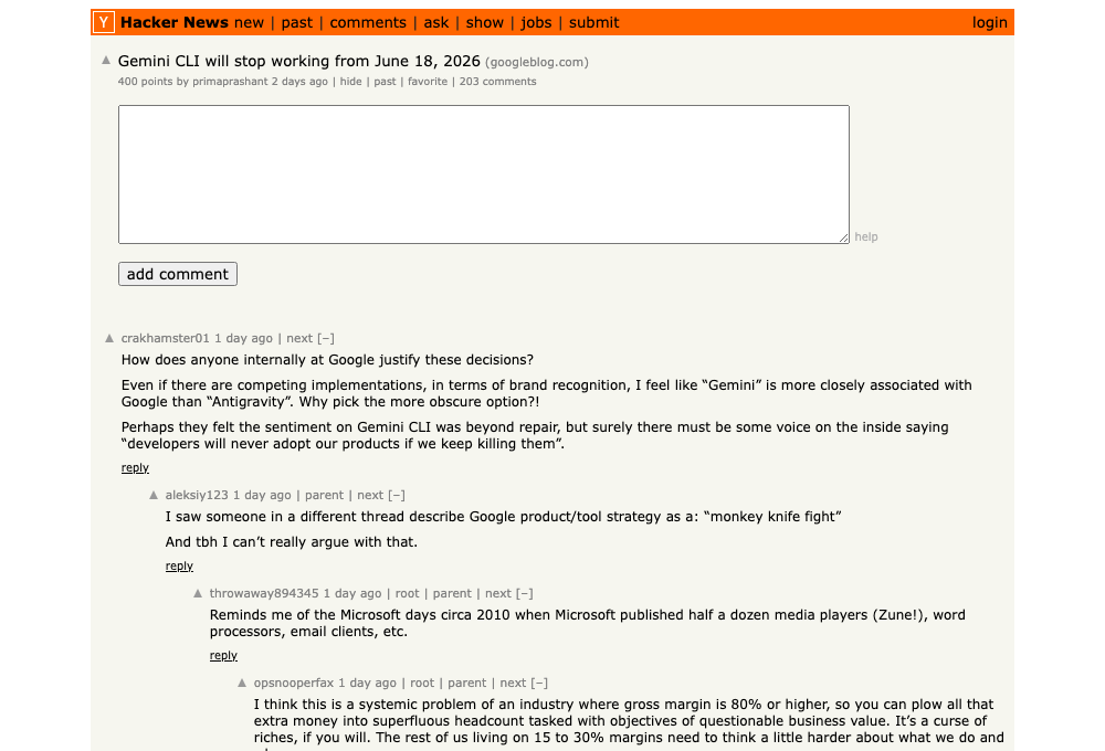 Hacker News thread Gemini CLI will stop working from June 18, 2026