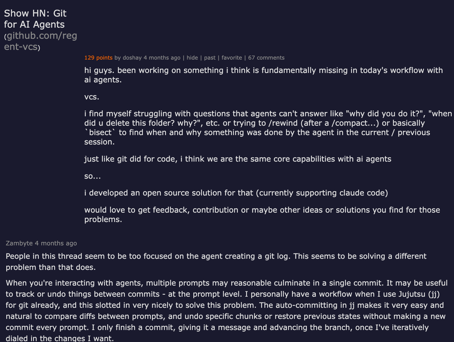 Show HN: Git for AI Agents — Hacker News discussion on whether agents need purpose-built version control
