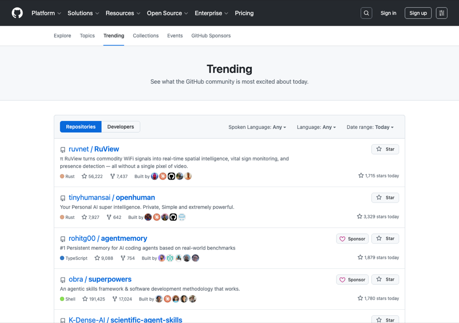 GitHub trending page for May 14 2026 showing skill-bundle repositories dominating the top 12 — mattpocock/skills holding #2, K-Dense-AI/scientific-agent-skills at #7, Imbad0202/academic-research-skills at #11