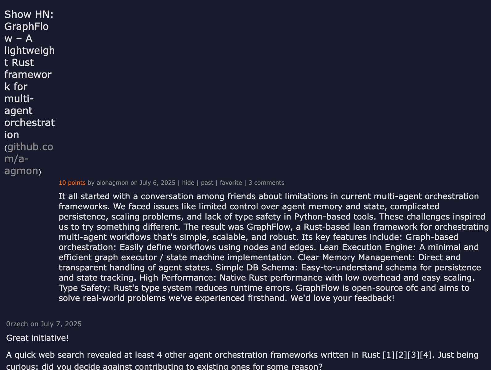 Show HN: GraphFlow — A lightweight Rust framework for multi-agent orchestration