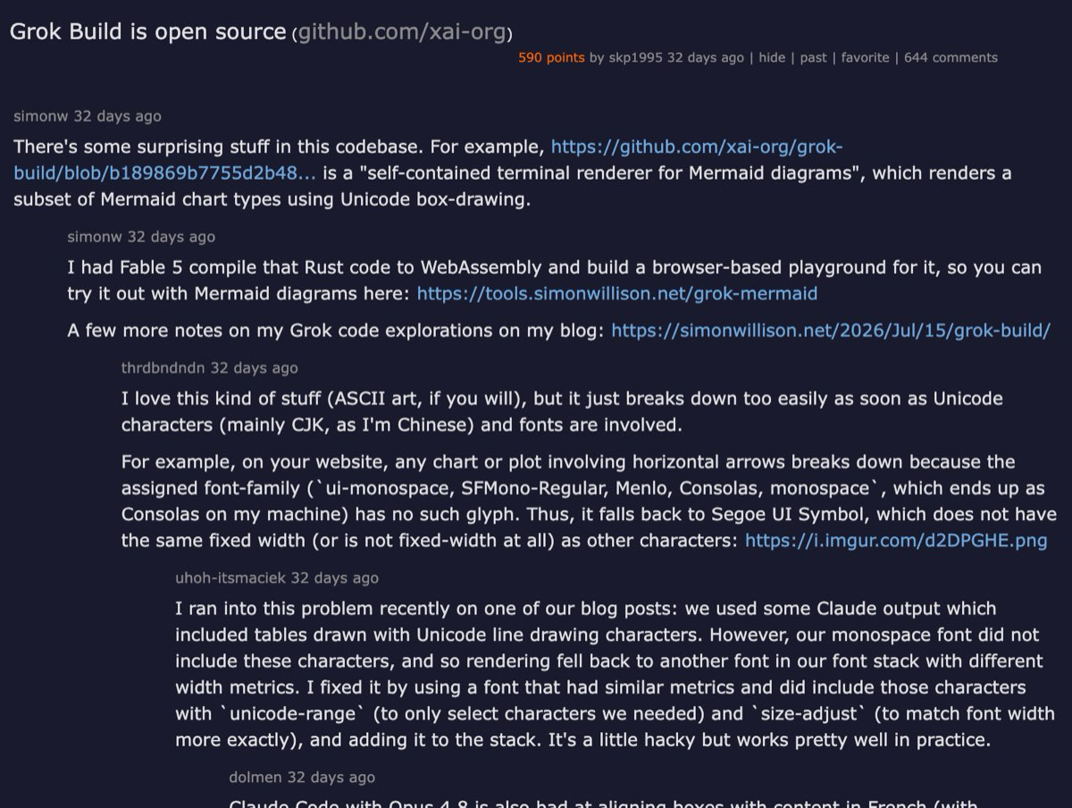 Hacker News thread — Grok Build is open source, 81 comments discussing harness transparency