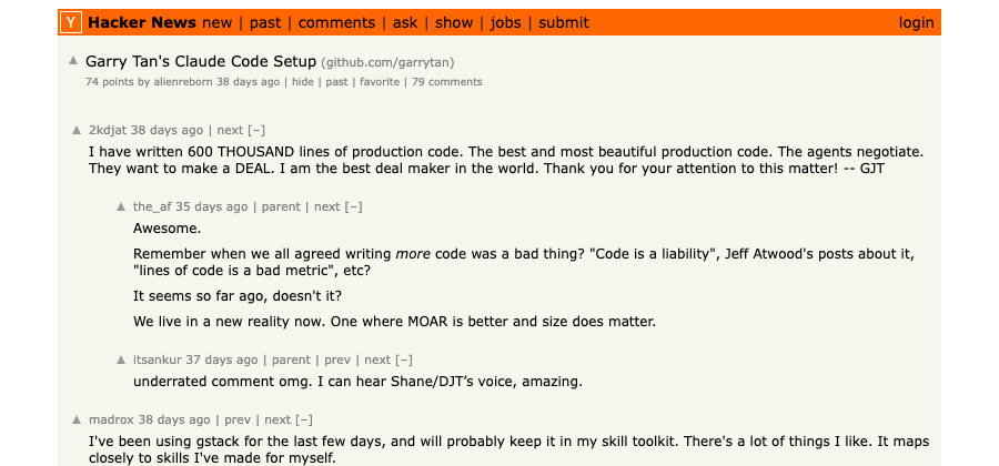 HN thread: Garry Tan's Claude Code Setup — 74 points, 79 comments